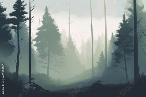 Pine Foggy Forest with a Mysterious Vibe. Misty forest of pine trees enveloped in fog, evoking a sense of mystery and intrigue. Ai generated © twindesigner