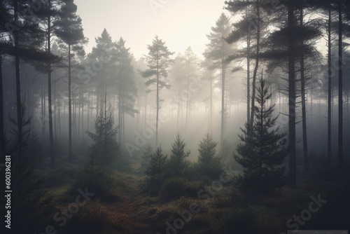 Pine Foggy Forest with a Mysterious Vibe. Misty forest of pine trees enveloped in fog, evoking a sense of mystery and intrigue. Ai generated