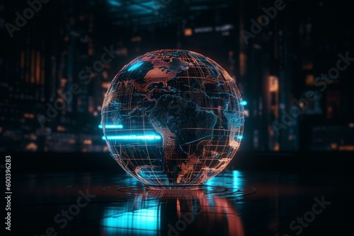 Smart world tech. Cyber-digital world, IoT data world. 3D neon globe with light backgrounds. Generative AI