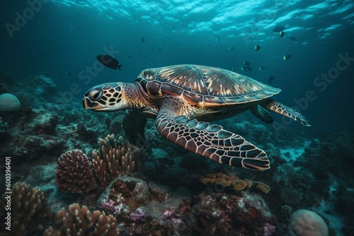 Hawksbill turtle floats in Maldives coral reef. Generative AI © Arin