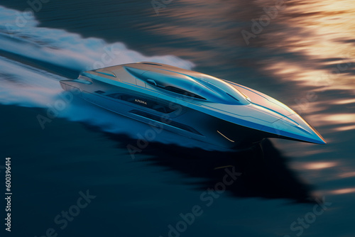 Futuristic electric speedboat cutting through the waves with motion blur, conveying a sense of speed and power Fototapet