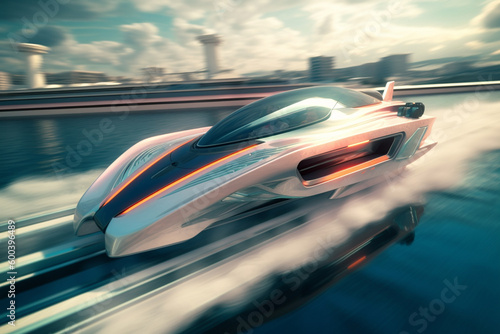 Futuristic electric speedboat cutting through the waves with motion blur, conveying a sense of speed and power. Ai generated