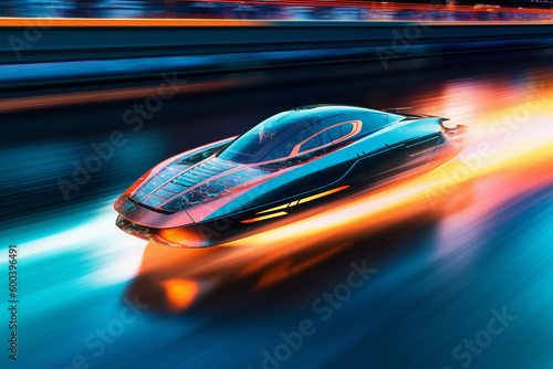 Futuristic electric speedboat cutting through the waves with motion blur, conveying a sense of speed and power. Ai generated