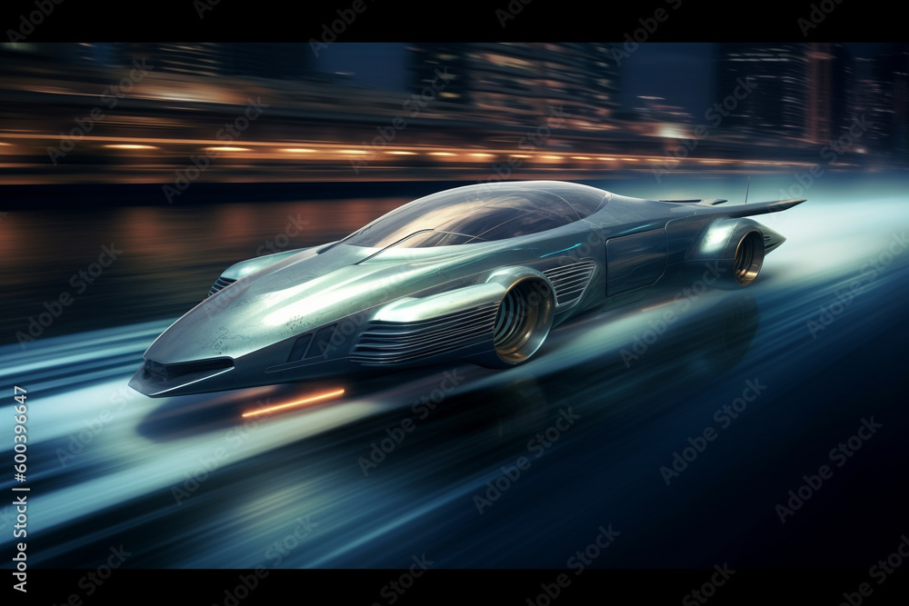 Futuristic electric speedboat cutting through the waves with motion blur, conveying a sense of speed and power. Ai generated