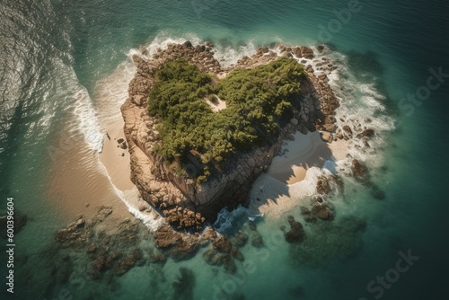 Heart-shaped island of sandy beaches, rocks, tropical vegetation in aerial view. Generative AI © Azaria