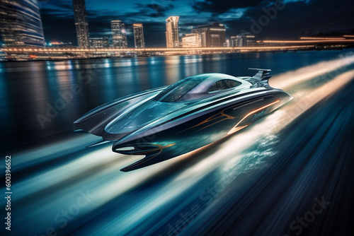 Futuristic electric speedboat cutting through the waves with motion blur, conveying a sense of speed and power. Ai generated © twindesigner