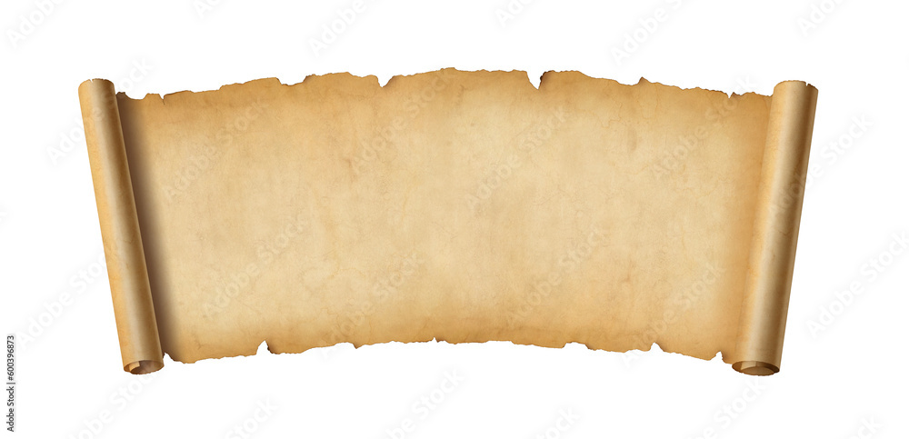 Fototapeta premium Old paper horizontal banner. Parchment scroll isolated on white
