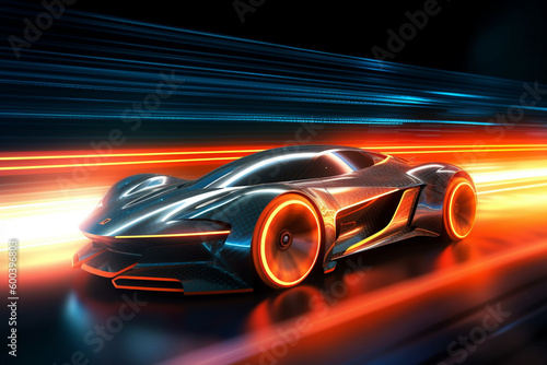 Futuristic Sport Car with Light Trails depicting speed and the beauty of modern design. Ai generated © twindesigner