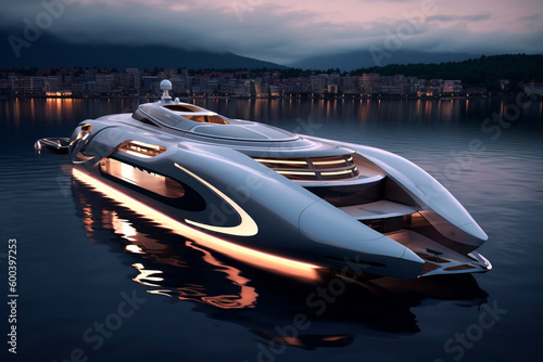 A Modern Futuristic Luxury Yacht in a Port at Sunset showcasing the opulence and sophistication of high-end marine design. Ai generated