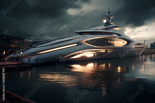 A Modern Futuristic Luxury Yacht in a Port at Sunset showcasing the opulence and sophistication of high-end marine design. Ai generated © twindesigner