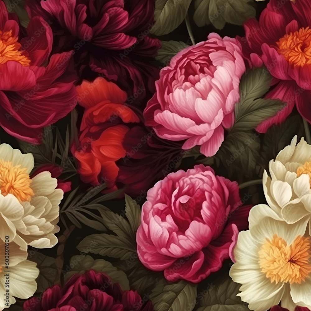 Flowers peony begonia botanic realistic pattern with more ground textures,