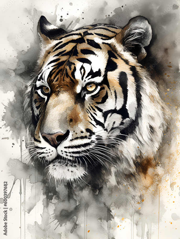 Portrait of a tiger in a watercolor ink style