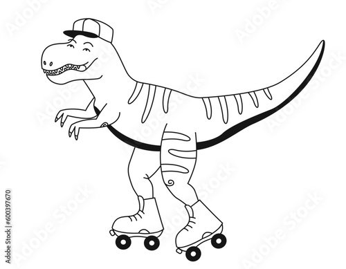 Tyrannosaurus rides roller skates. Funny predator in outline style.