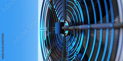 Air conditioning fragment. Fan behind metal mesh. Close-up of air conditioner unit. Equipment for re-circulation. Ventilation technologies. Air conditioner on blue. Climatic equipment