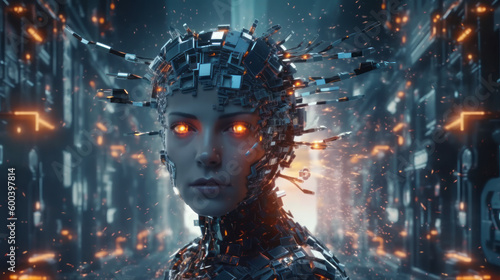 Rise of ChatGPT and AI: Hybrid Female Robot Android with glowing eyes. The Future of Technology. Risks of AI. Generative AI.