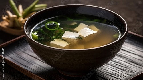 Miso Soup - Japanese soup made with miso paste, tofu, and seaweed. Generative AI Art Illustration photo
