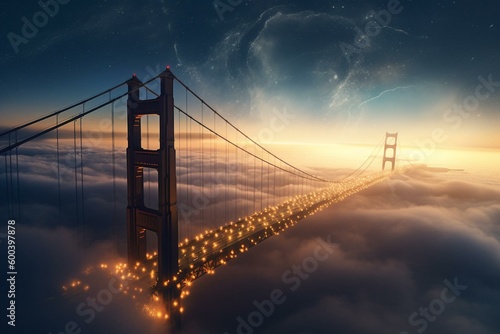 Illuminated golden gate in the sky. 3D illustration. Generative AI © Amaia