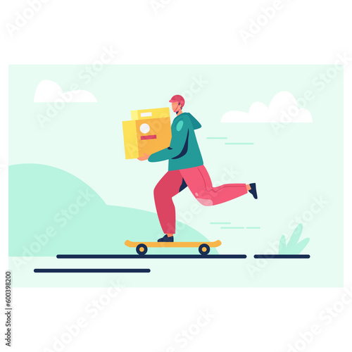 Courier on skates. Maneuverable delivery in pedestrian zone of city
