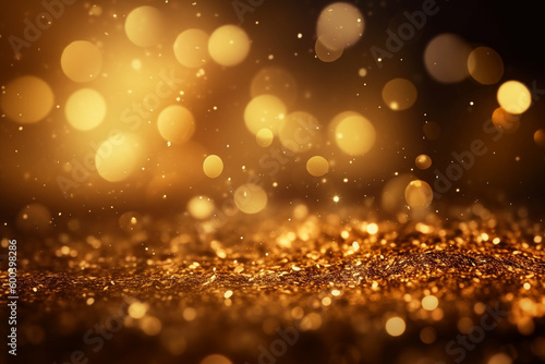 Golden background with bokeh and glitter particles, creating a dreamy and magical atmosphere. Ai generated © twindesigner