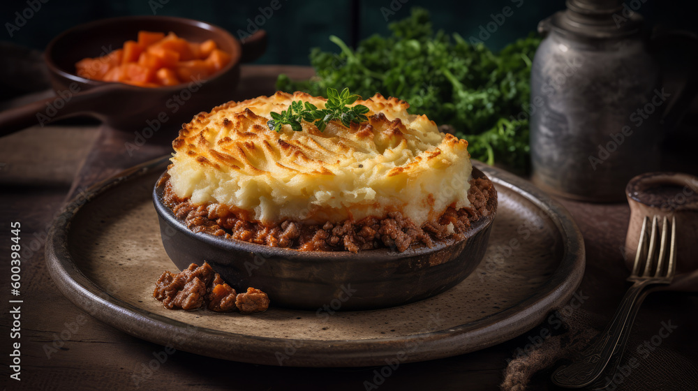 Shepherd's Pie - British dish of beef or lamb topped with mashed potatoes. Generative AI Art Illustration Shepherd's Pie - British dish of beef or lamb topped with mashed potatoes. Generative AI Art Illustration