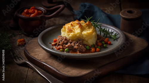 Shepherd's Pie - British dish of beef or lamb topped with mashed potatoes. Generative AI Art Illustration