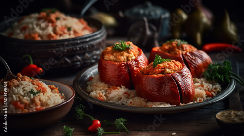 Dolma - Middle Eastern stuffed vegetables with rice and meat. Generative AI Art Illustration photo
