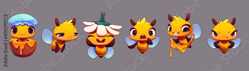 Cute bee character with honey, happy bumblebee mascot. Funny flying insect with different emotions. Sad, angry, surprised bee with flower and honey pot, vector cartoon set