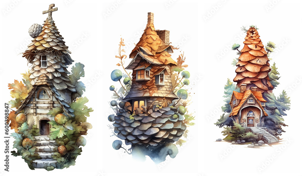 Fototapeta premium Watercolour fantasy forest cone houses. Greeting cards and envelopes artwork project set 4.