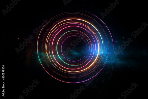 A dynamic, flashing neon pattern with rings, lines, and bright circles and rays. Featuring a moving star pattern on a black background. Generative AI
