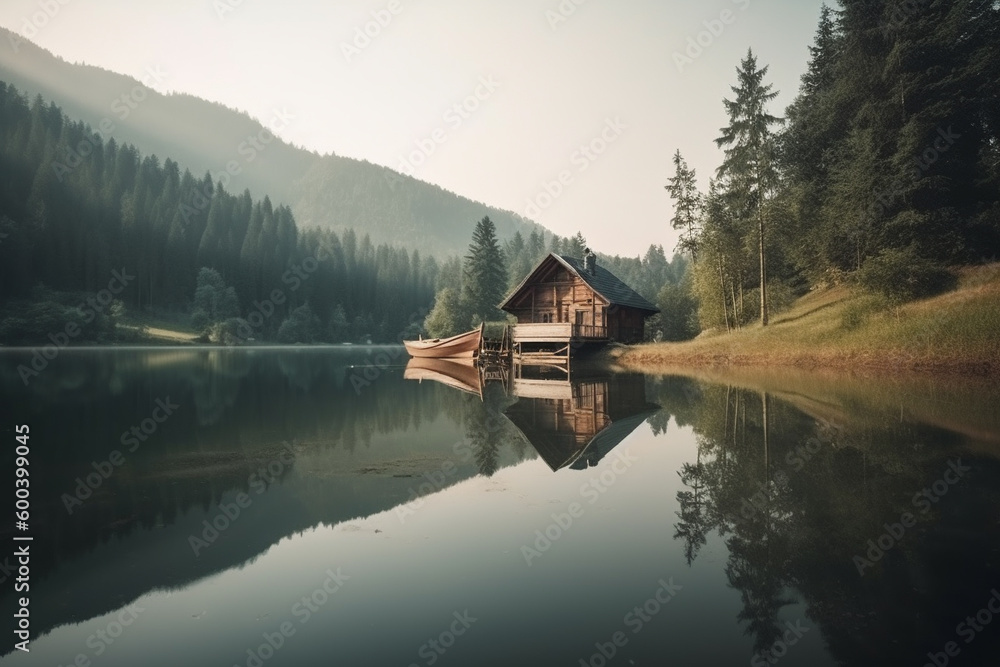 Peaceful and calming lakeside retreat featuring a wooden house surrounded by the still waters of a lake. Ai generated