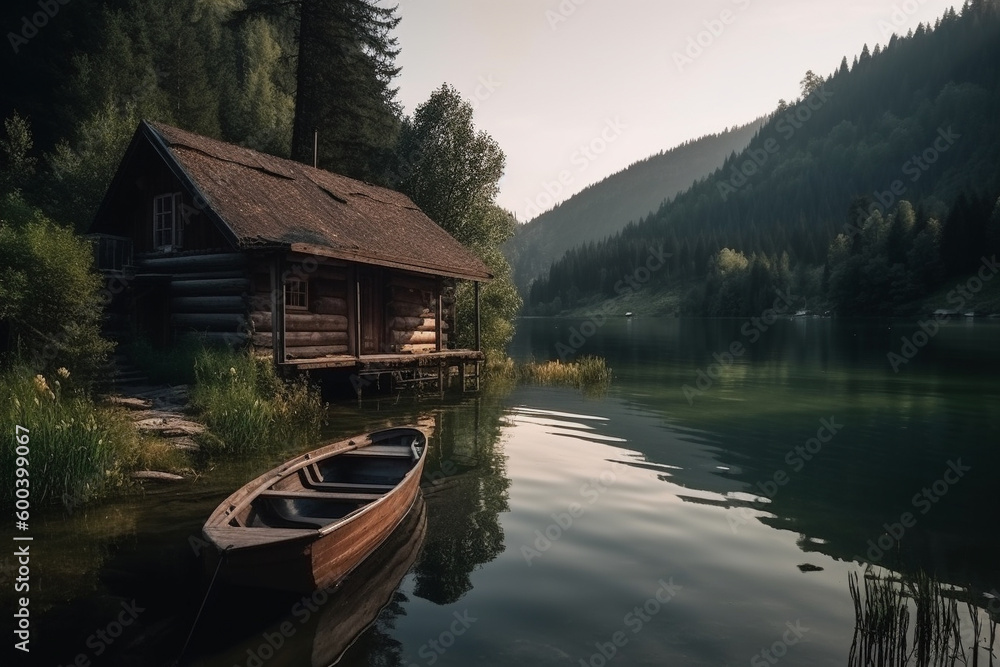 Fototapeta premium Peaceful and calming lakeside retreat featuring a wooden house surrounded by the still waters of a lake. Ai generated
