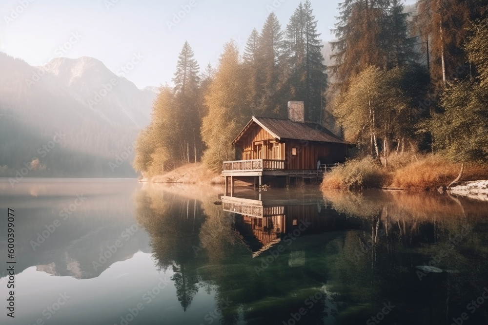 Naklejka premium Peaceful and calming lakeside retreat featuring a wooden house surrounded by the still waters of a lake. Ai generated