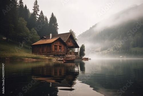 Peaceful and calming lakeside retreat featuring a wooden house surrounded by the still waters of a lake. Ai generated © twindesigner