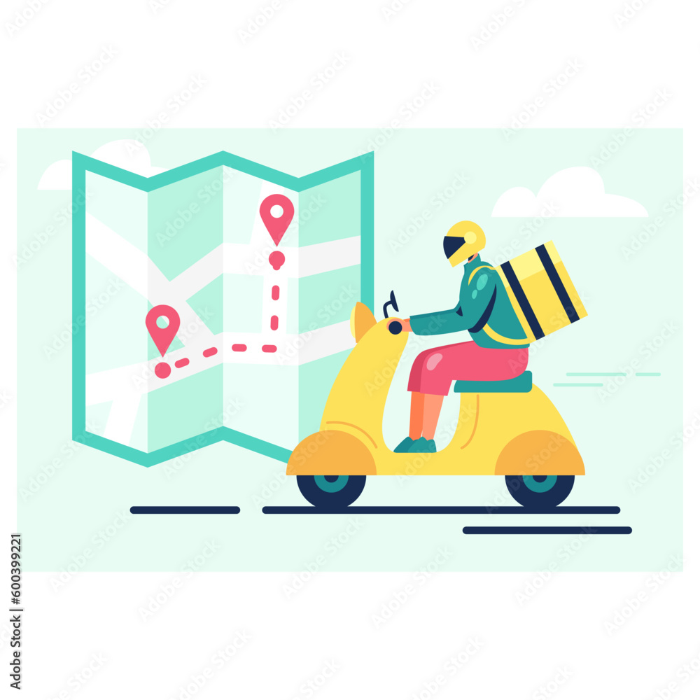 Illustration of courier in helmet rides motorcycle with order on map