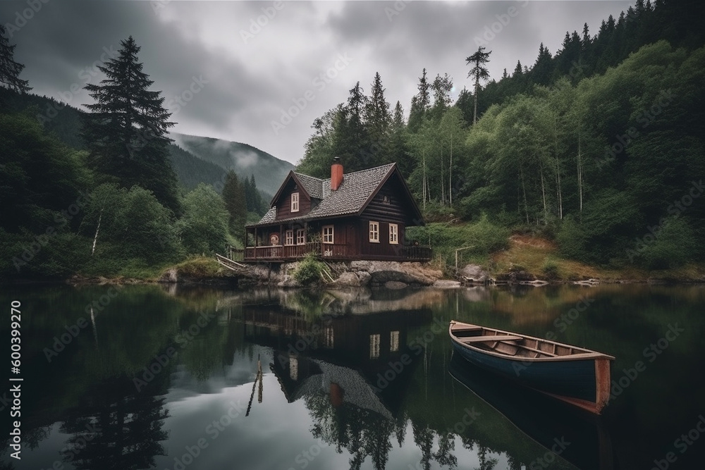 Fototapeta premium Peaceful and calming lakeside retreat featuring a wooden house surrounded by the still waters of a lake. Ai generated