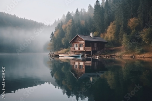 Peaceful and calming lakeside retreat featuring a wooden house surrounded by the still waters of a lake. Ai generated © twindesigner