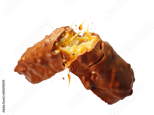 A close up of a chocolate candy bar with caramel nut filling snapping in half floating in the air studio shot isolated on white background