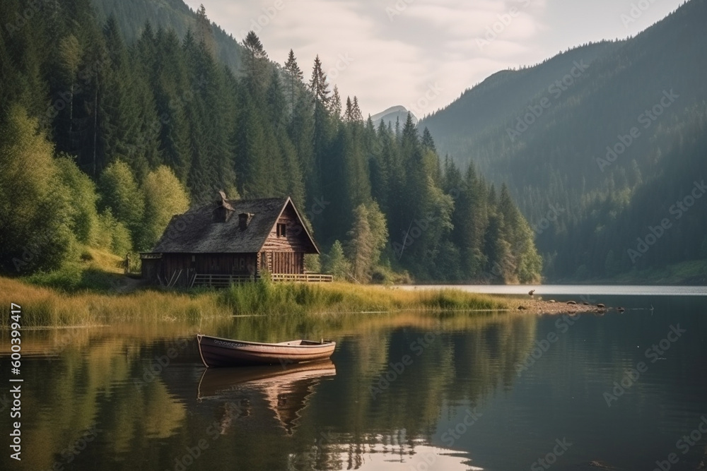 Fototapeta premium Peaceful and calming lakeside retreat featuring a wooden house surrounded by the still waters of a lake. Ai generated