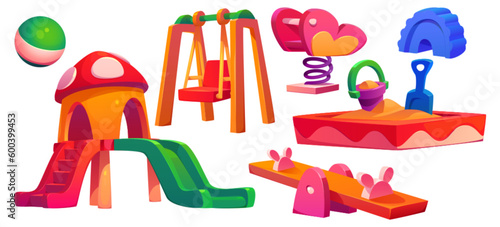 Kids playground equipment in park, kindergarten, school or home yard. Swing, slide, sandbox, seesaw, toys and ball isolated on white background, vector cartoon illustration