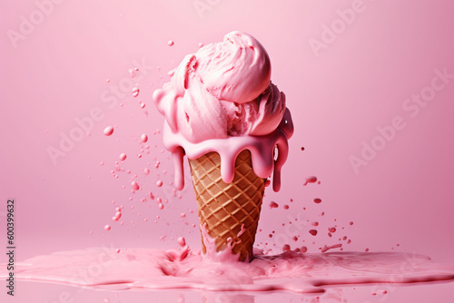 Melting Sweetness: An Illustration of a Pink Ice Cream Cone on a Pink Background. Ai generated