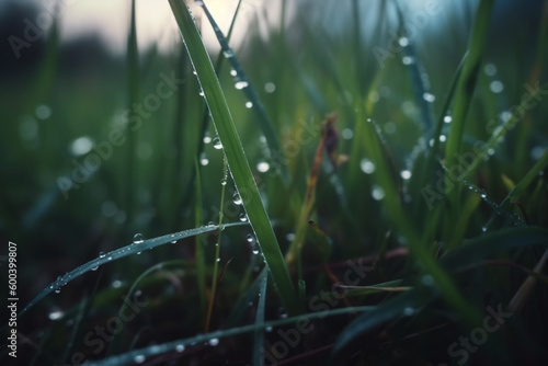 Morning Dew: A Close-up Illustration of Grass with Mountain Dew Drops. Ai generated