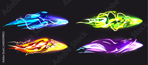 Magic spell game vfx light trail in neon green isolated on dark background. Magician witch energy effect with purple shine and sparkle vector cartoon ui kit. Fantasy cosmic vibrant wizard shape