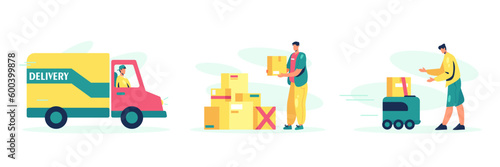 Courier goes by car, deliveryman stacks boxes, male picks up order with delivery robot vector set