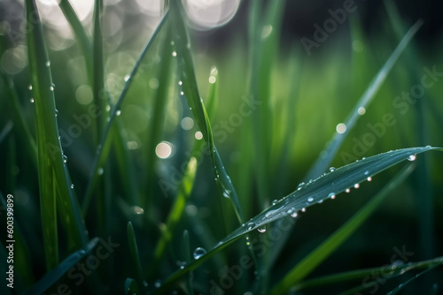 Morning Dew: A Close-up Illustration of Grass with Mountain Dew Drops. Ai generated