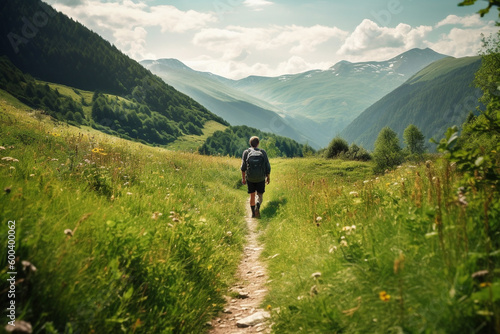 Hiker walking on a green meadow trail against the backdrop of a breathtaking mountain landscape. The image conveys a sense of adventure and freedom. Ai generated © twindesigner