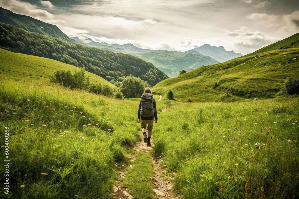 Hiker walking on a green meadow trail against the backdrop of a breathtaking mountain landscape. The image conveys a sense of adventure and freedom. Ai generated