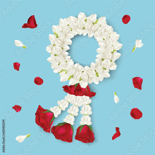 Thai traditional Jasmine garland and roses. Symbol of Mother's day in Thailand. And offer the buddha.