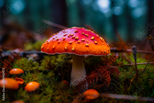 A Close-up Illustration of a Beautiful Mushroom in the Forest. Ai generated