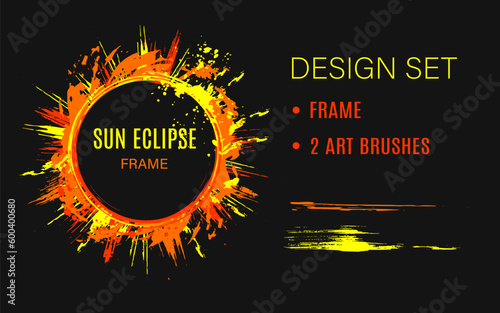 Set of design elements, circular frame like sun eclipse, grunge art brushes Dark circle on background with paint brush strokes, dynamic glowing lines, spattered paint of neon colors Abstract clip art