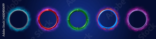 Fantasy circle avatar game frame with smoke ui. Realistic medieval metal border in red, purple, blue and green illustration. Different empty glowing metallic menu interface rim badge asset collection
